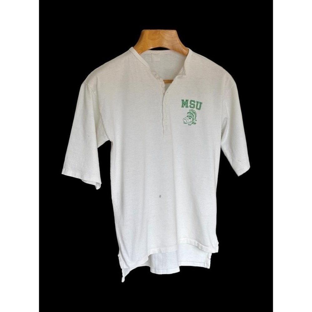 Vintage 70's Michigan State Long Sleeve Henley Shirt Small/Med Spartans *Flaws